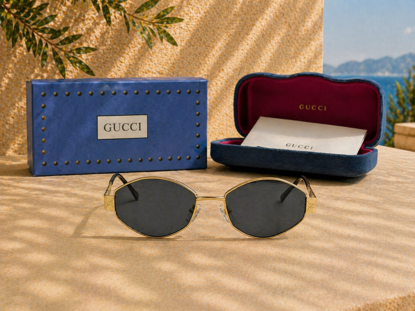 Gucci GG Logolu Geometrik Altın Metal Unisex Güneş Gözlüğü