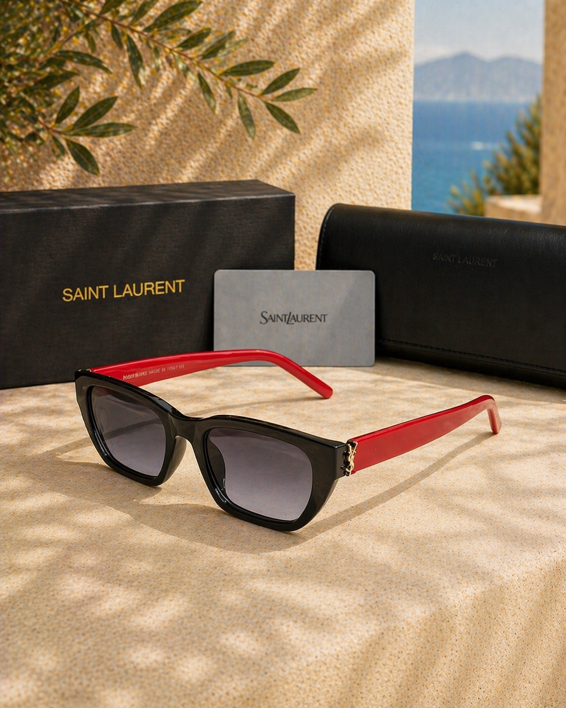 Saint Laurent Saint Laurent YSL Logolu Siyah Çerçeveli Kırmızı Saplı Kadın Güneş Gözlüğü
