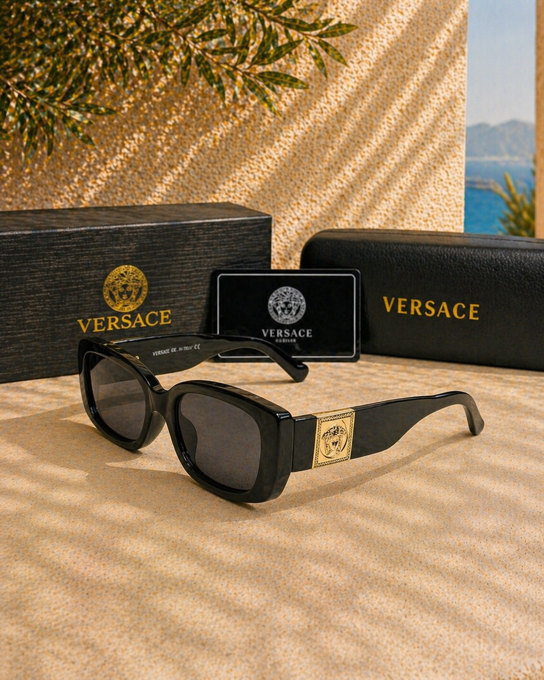 Versace Medusa Detaylı Siyah Dikdörtgen Güneş Gözlüğü