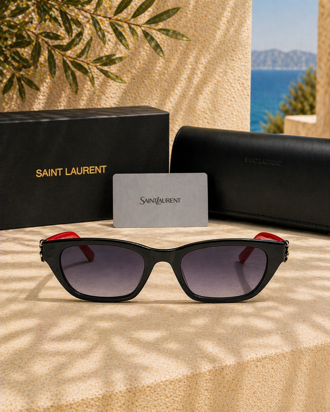 Saint Laurent YSL Logolu Siyah Çerçeveli Kırmızı Saplı Kadın Güneş Gözlüğü