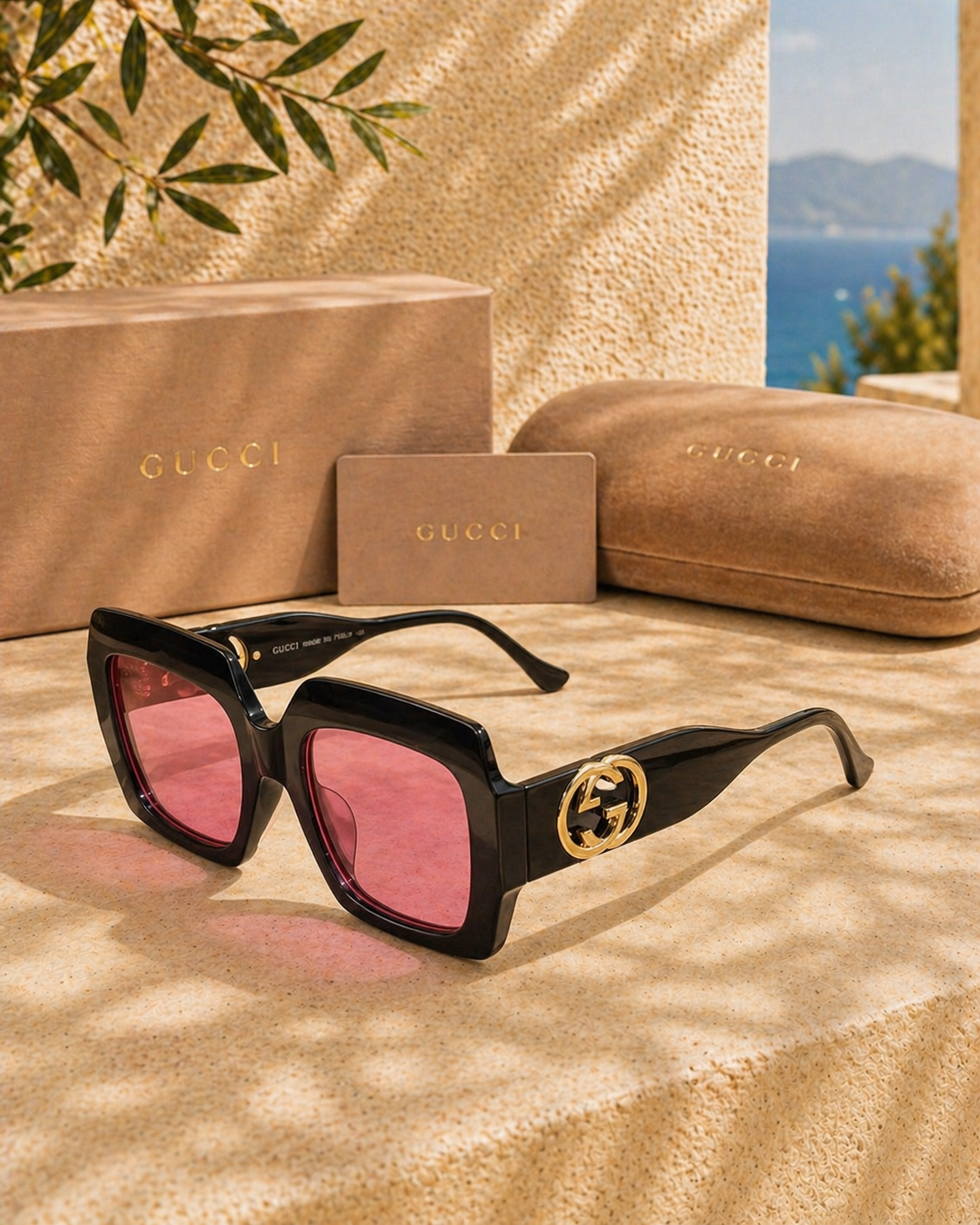 Gucci Gucci Interlocking G Logolu Pembe Camlı Oversized Kadın Güneş Gözlüğü