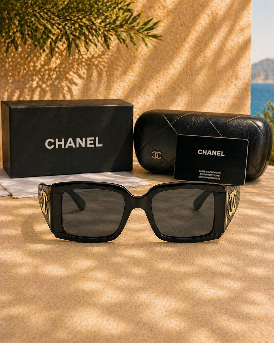 Chanel Kapitone Sap Detaylı Siyah Asetat Kadın Güneş Gözlüğü