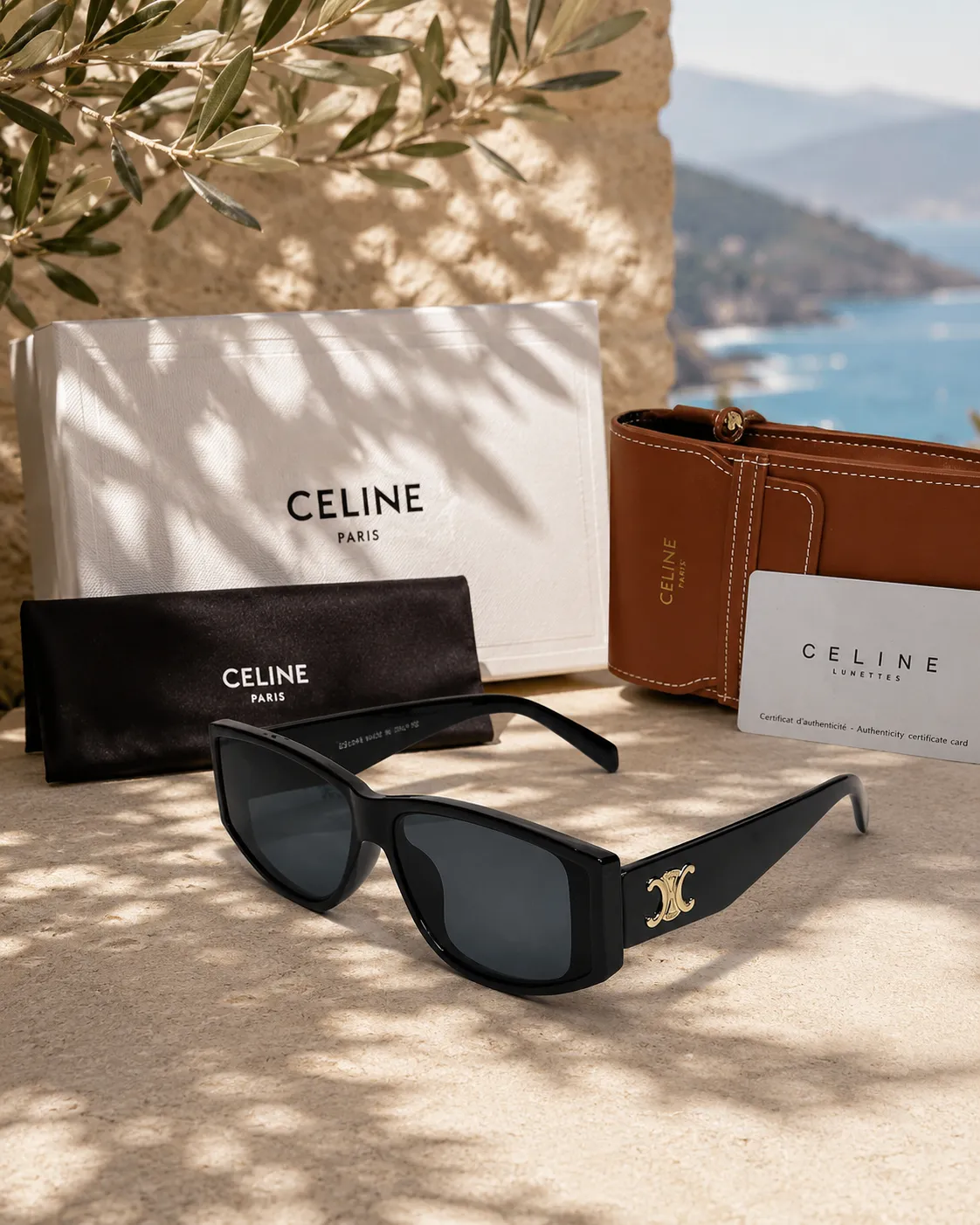 Celine Celine Triomphe Kalın Siyah Asetat Dikdörtgen Güneş Gözlüğü